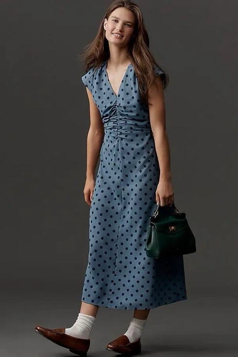 Lisa Says Gah Dresses & Skirts - NWT Lisa Says Gah Oxford Dot Ruched Midi Dress Blue Polka Dot XS